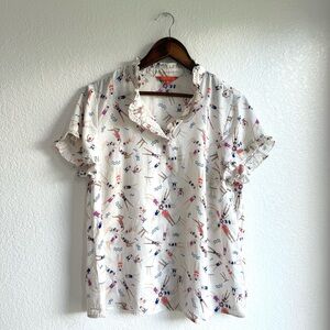 Modcloth Women Blouse Shirt White Wild Swim Print Ruffle Short Sleeve Size XL